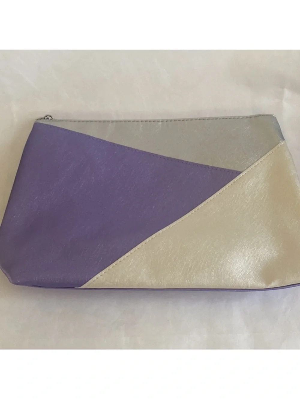 LANCOME Cosmetic Makeup Zip Top Gusseted Bag Purple Silver Ivory Color Block NIB
